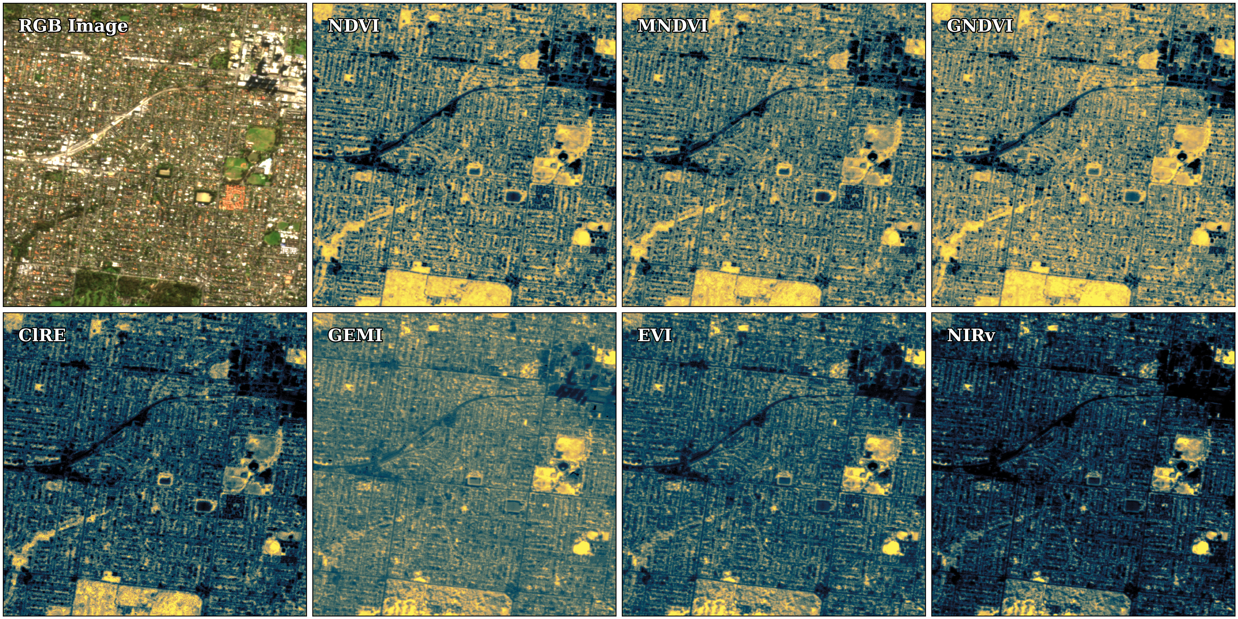 "A image showing an Earth observation of CoB in RGB and also 7 different vegetation indicies"